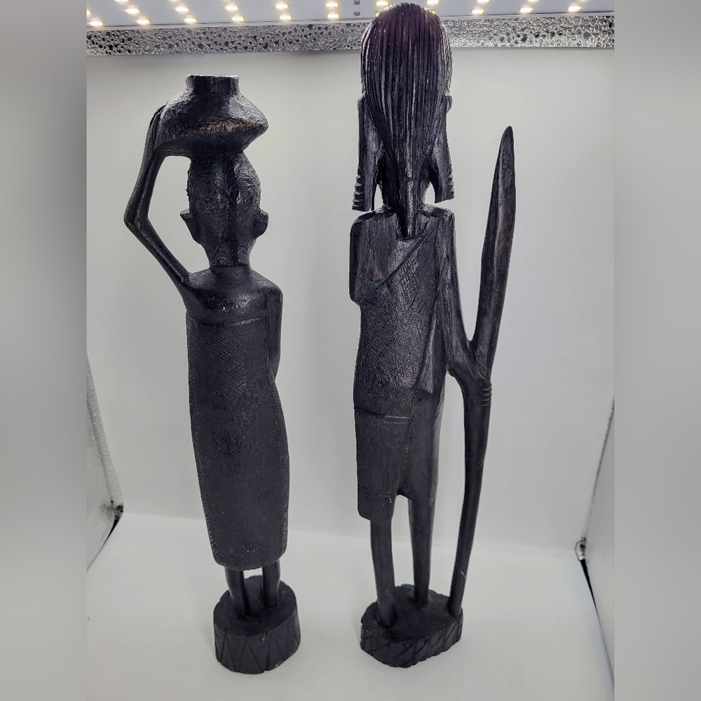 Vintage Married African Wooden Hand Carved Warrior Tribal W/Spear/Carrying Water